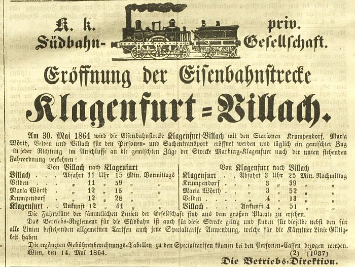 Ankündigung der Eröffnung der Eisenbahnstrecke Klagenfurt-Villach 1864