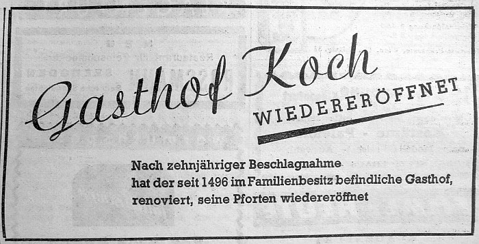 Anzeige zur Wiedereröffnung des Gasthof Koch 1956