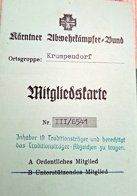 Mitgliedskarte Kärntner Abwehrkämpfer-Bund Krumpendorf