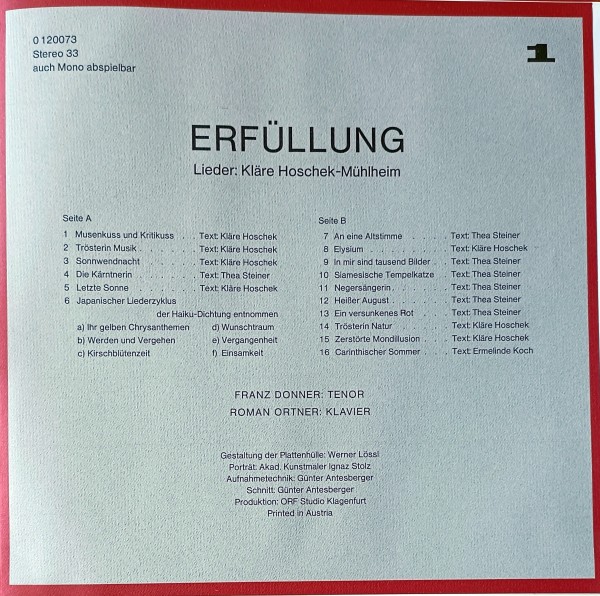 Kläre Hoschek-Mühlheim Inhalt der LP 1 "Erfüllung"