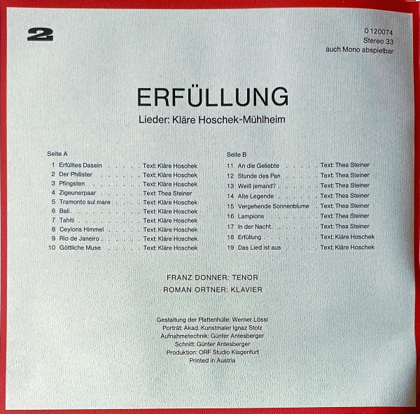 Kläre Hoschek-Mühlheim Inhalt der LP 2 "Erfüllung"
