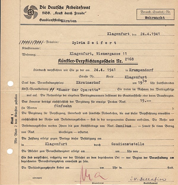 Künstler-Verpflichtungsschein der Gaudienststelle Kärnten 1941