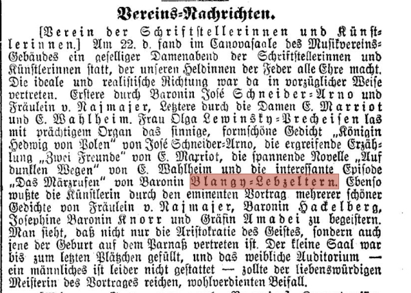 Artikel Schriftstellerinnenverein, Neue Freie Presse 1892