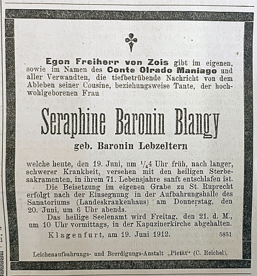 Todesanzeige Blangy Lebzeltern Klagenfurter Zeitung 1912