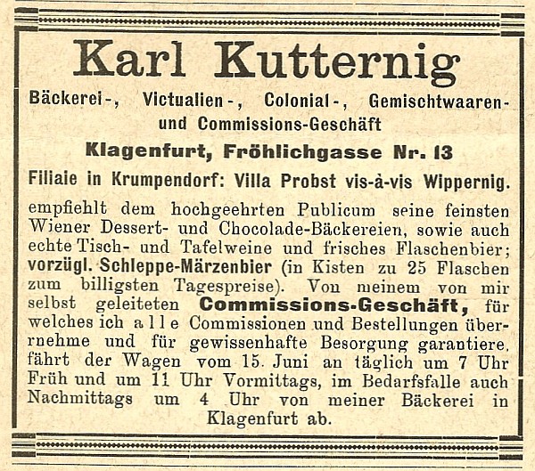 Anzeige Kutternig in Cur- und Fremden-Liste vom Wörthersee 1894