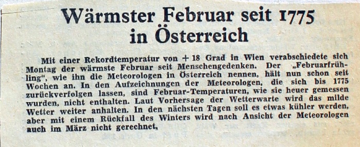 Wärmster Februar seit 1775 - Zeitungsartikel