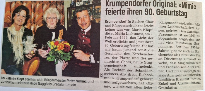 Presseartikel zum 90. Geburtstag von Mimi Klopf 2012