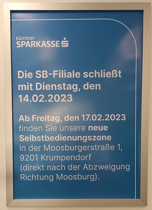 Kärntner Sparkasse - Filale an der Haupstraße 149 schließt am 17.2.2023
