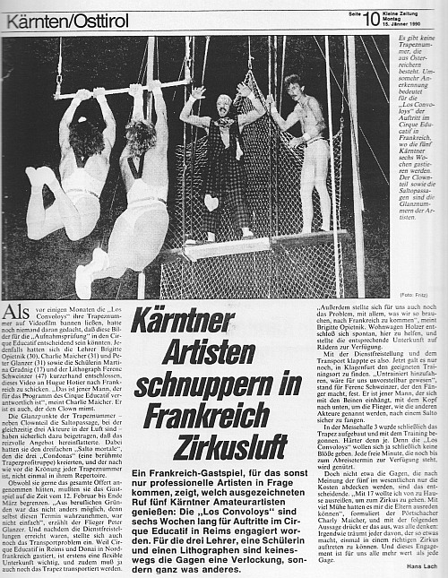 Kleine Zeitung, Kärntner Artisten schnuppern in Frankreich Zirkusluft, 1990