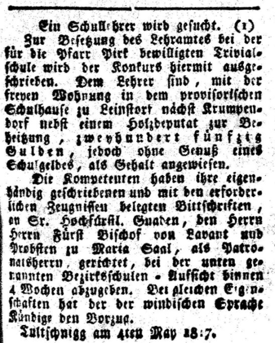 Suchanzeige Schullehrer für Krumpendorf 1817